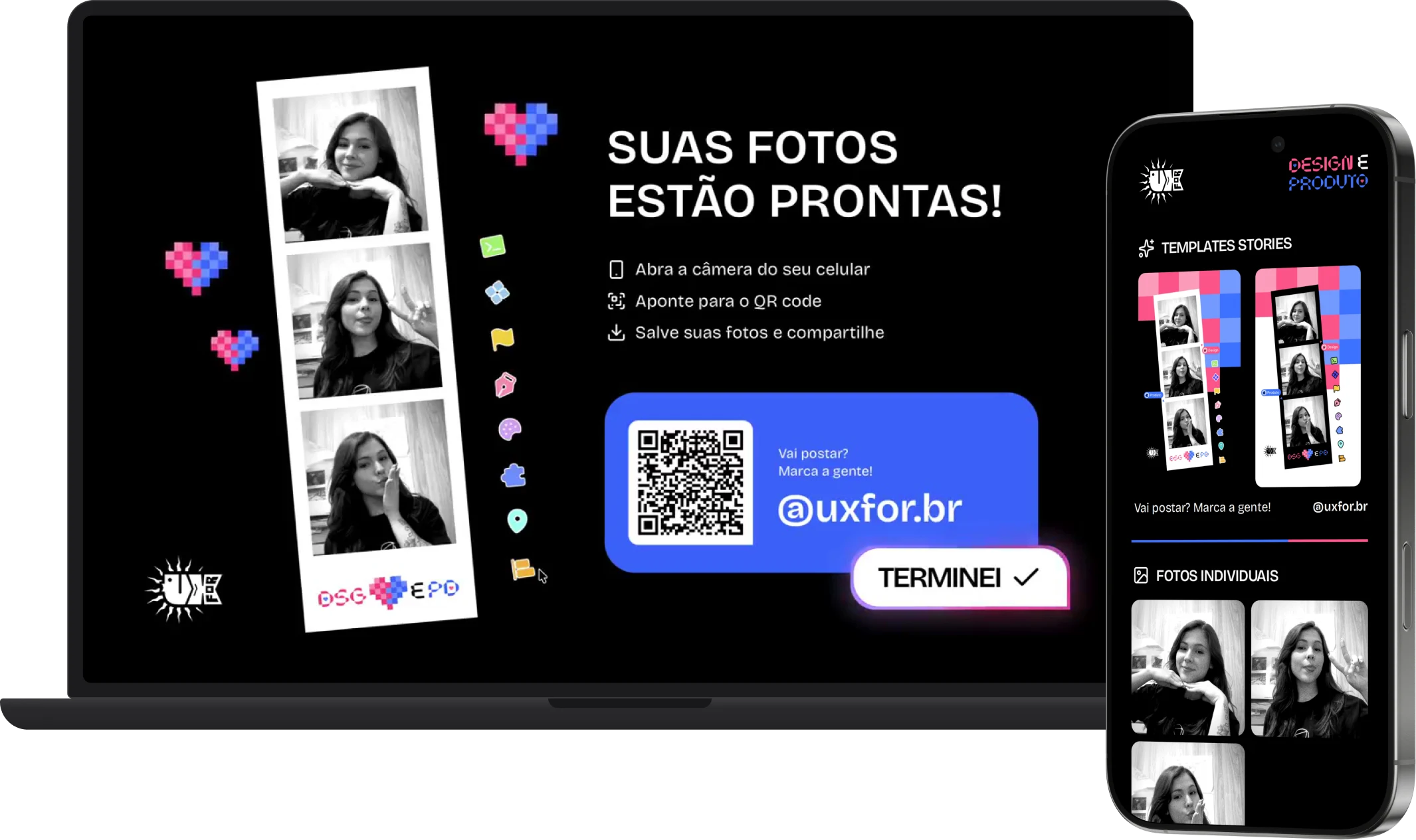 Notebook com a tela Suas fotos estão prontas e o QR code, ao lado de um celular com os templates de stories.