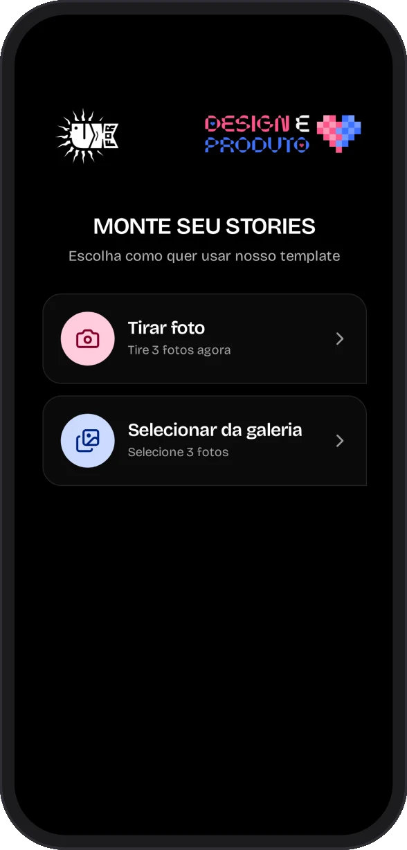 Tela do celular com as opções Tirar foto e Selecionar da galeria.