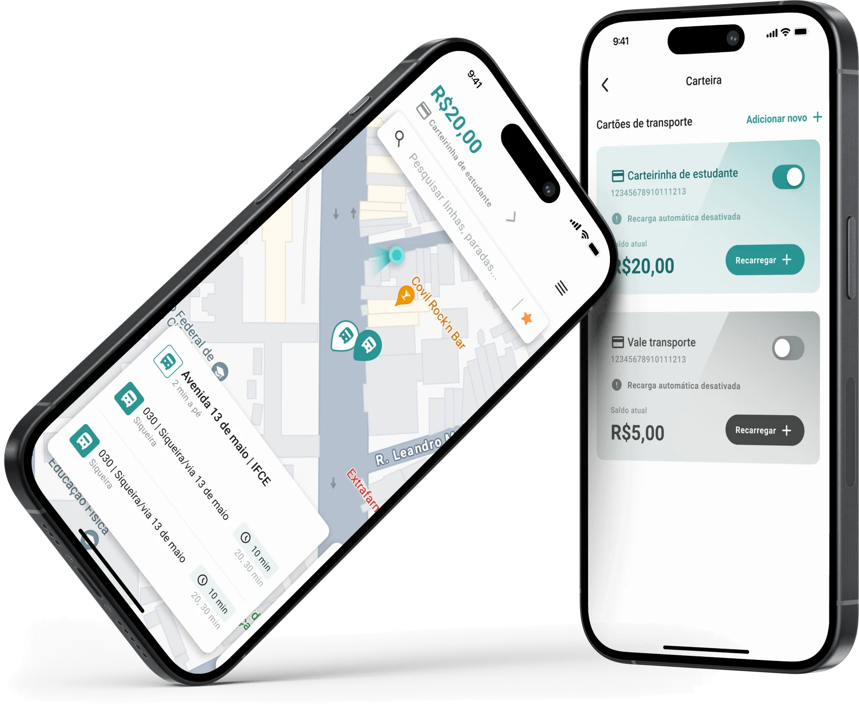 Dois celulares com o app redesenhado: a tela inicial com o mapa e a parada mais próxima, e a carteira com os cartões de transporte.