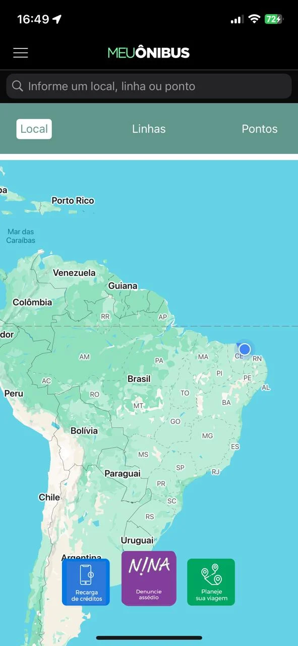 App antigo ao abrir: mapa da América do Sul, muito afastado da cidade.