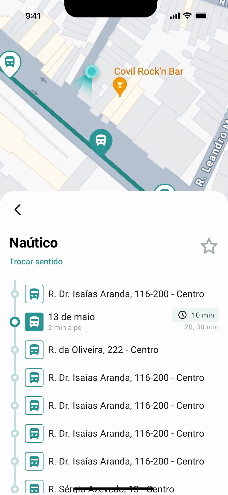 Itinerário da linha Náutico com todas as paradas e o botão Trocar sentido.