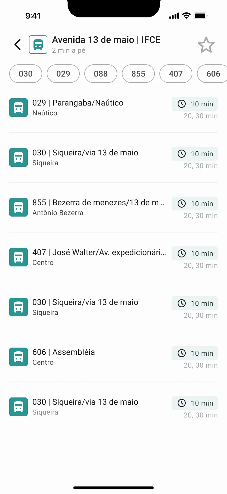 Parada Avenida 13 de maio com todas as linhas e o tempo de cada uma.
