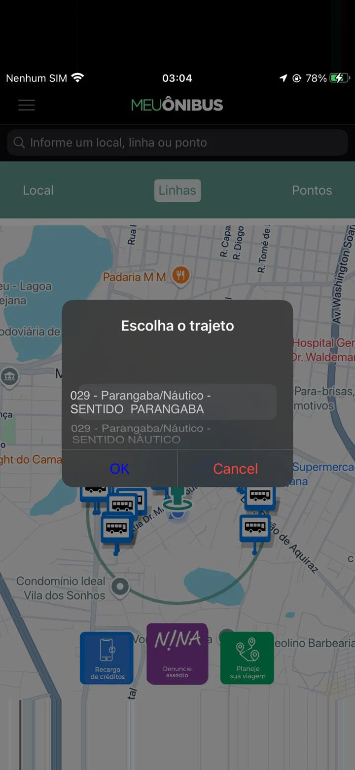 Modal Escolha o trajeto, para escolher o sentido da linha.
