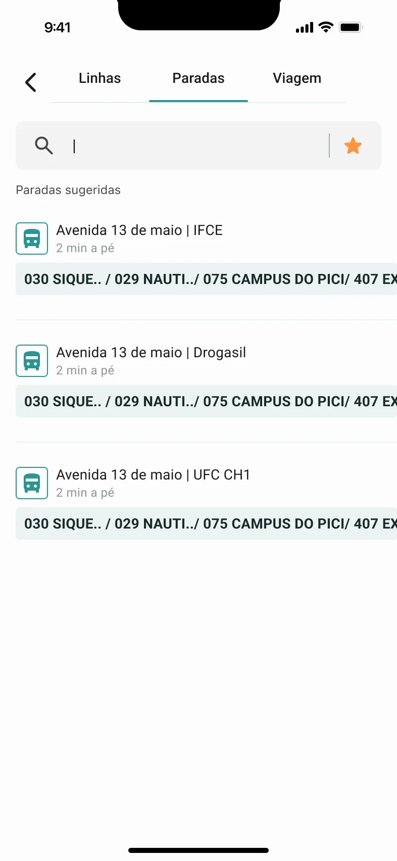 Nova pesquisa na aba Paradas, com paradas sugeridas e as linhas de cada uma.