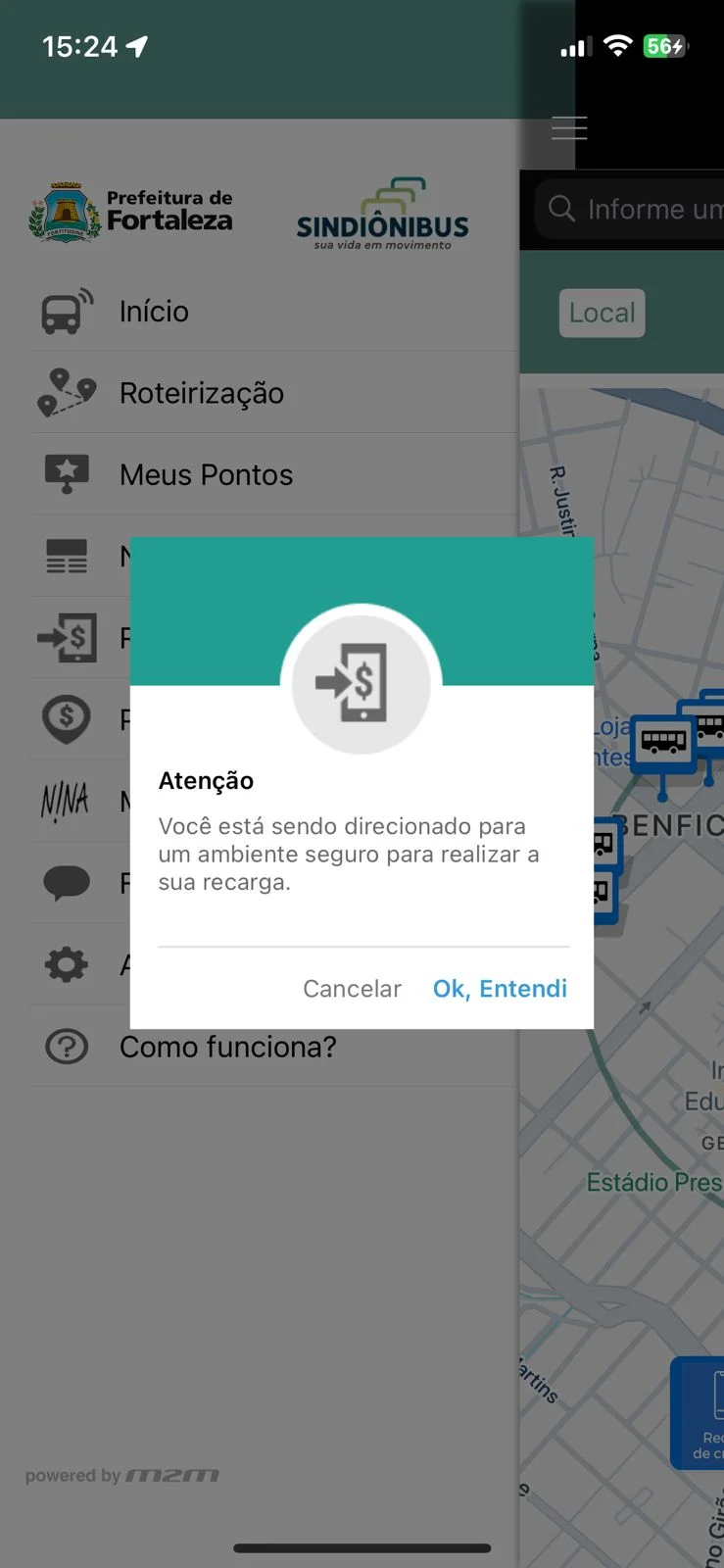 Aviso do app antigo dizendo que o usuário será levado para outro ambiente para recarregar.