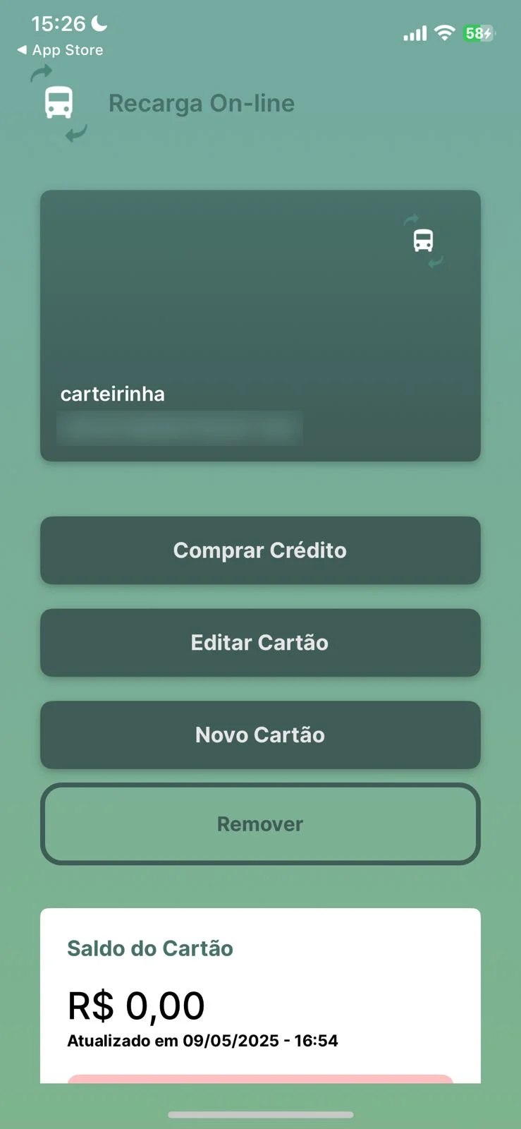 Tela do cartão com o saldo no fim, depois de três botões. Número borrado.