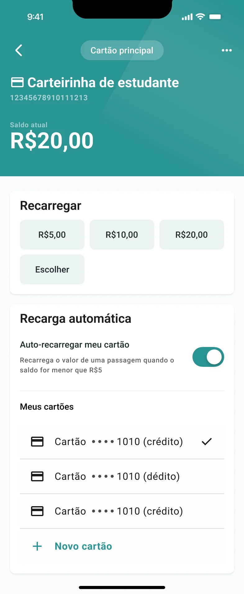 Recarga automática ligada, com os cartões de crédito cadastrados.