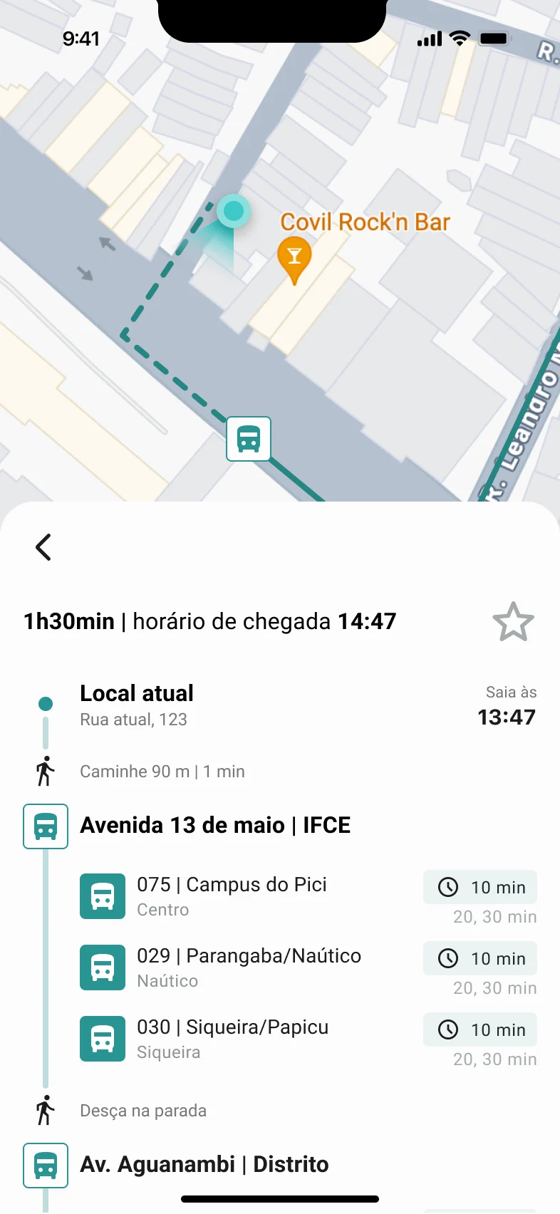 Trajeto da viagem no mapa, com horário de chegada e onde descer.