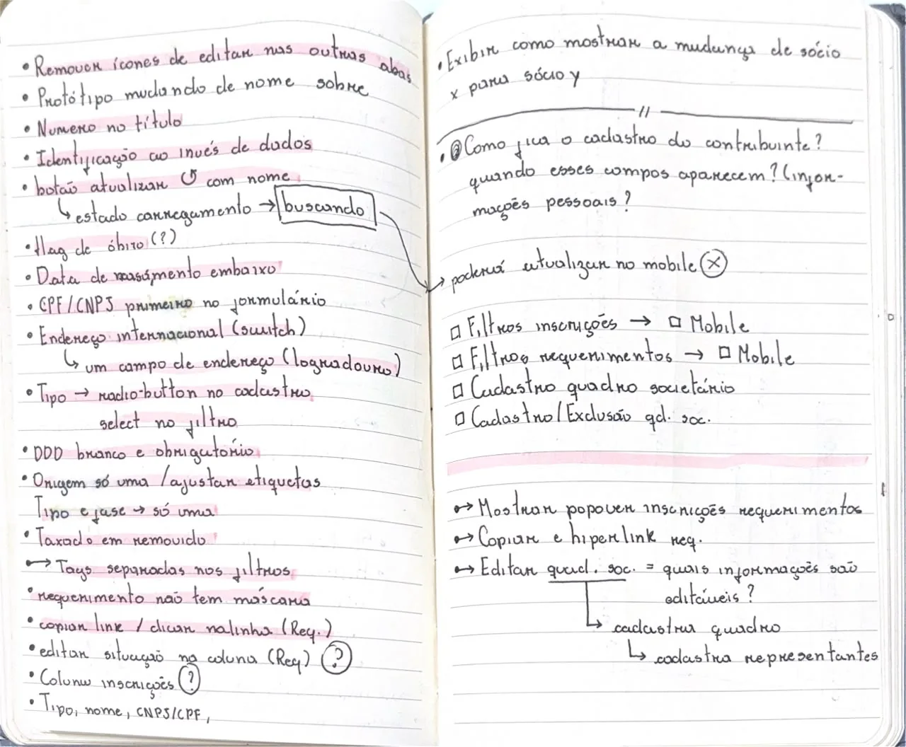 Página do caderno com uma lista de ajustes e dúvidas sobre cadastro, filtros e mobile.
