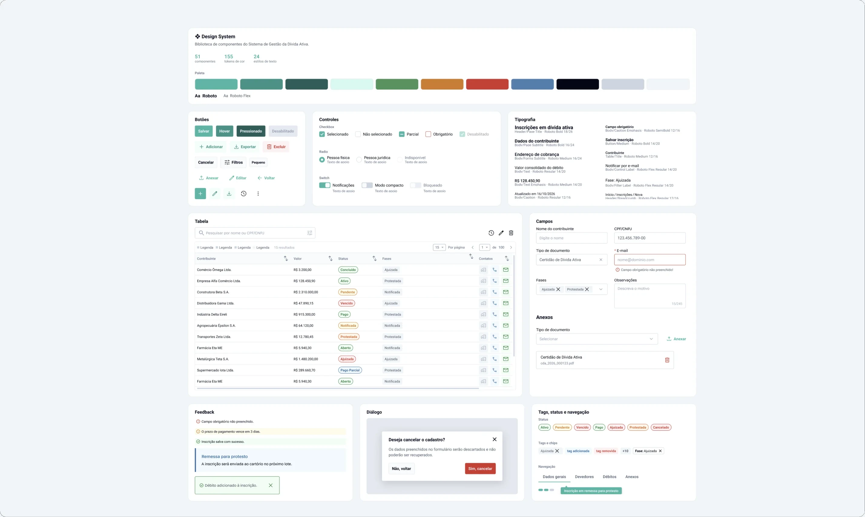 Visão geral do design system: paleta, botões, controles, tipografia, tabela, campos, feedback, diálogo, status e navegação.