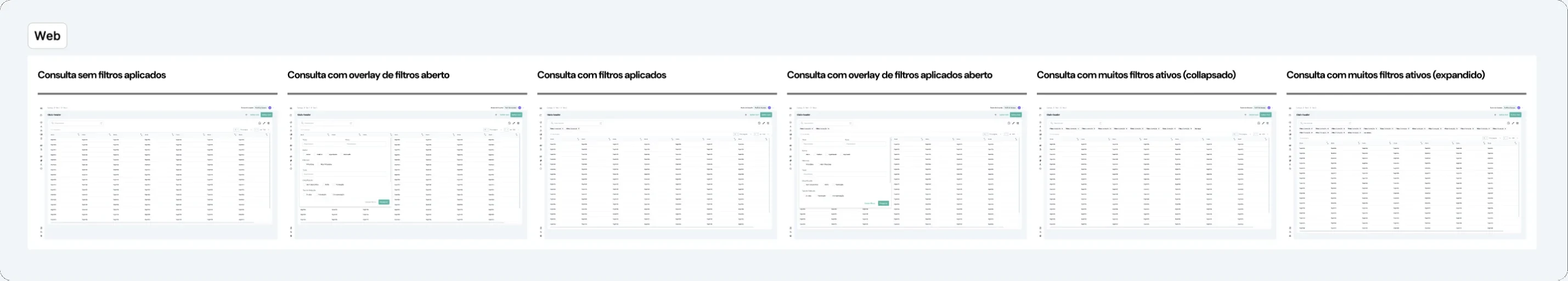 Padrão de consulta no web: sem filtros, com o painel de filtros aberto, com filtros aplicados e com muitos filtros ativos.