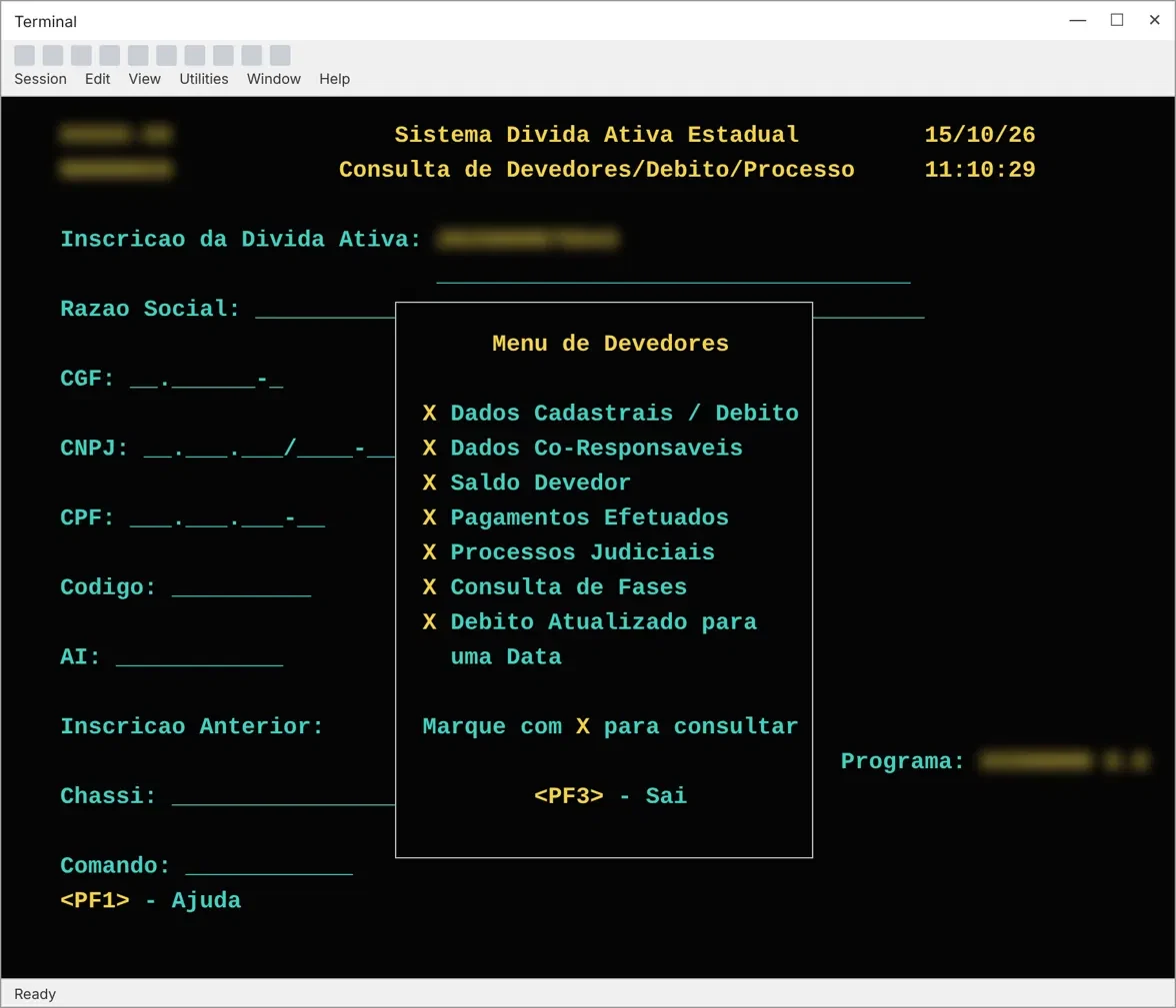 Sistema legado em terminal: busca da inscrição com um menu de consultas. Dados ocultados.
