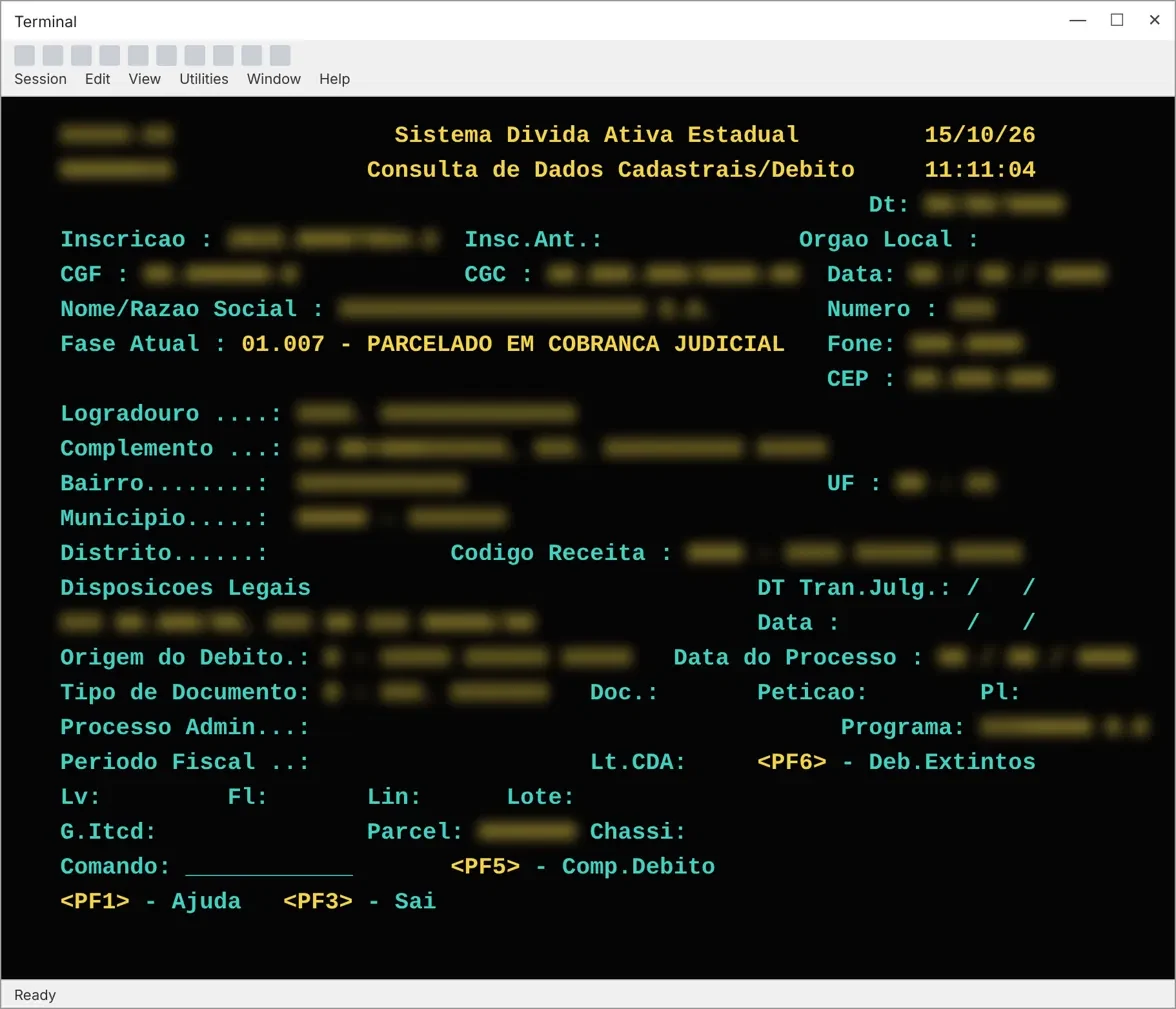 Sistema legado em terminal: dados cadastrais da inscrição, com os campos ocultados.