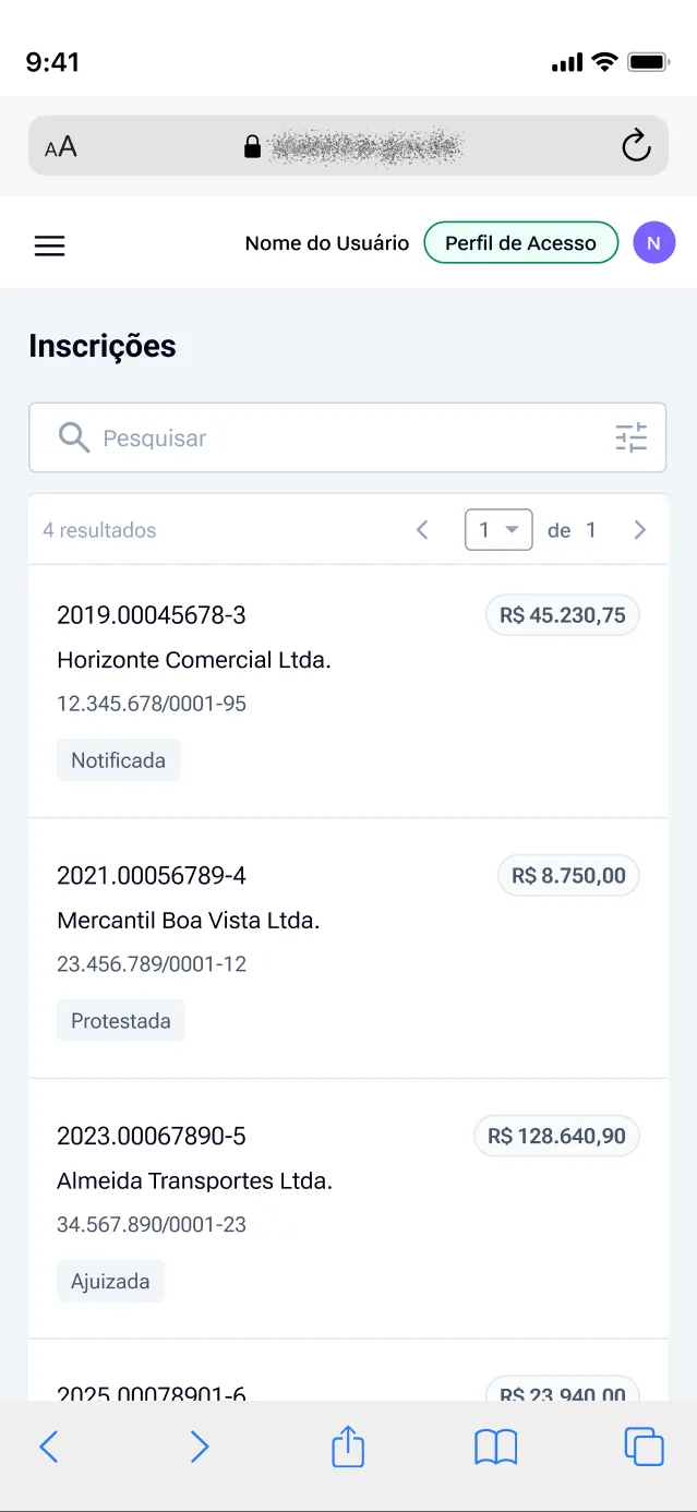 Consulta de inscrições no celular, em cards.