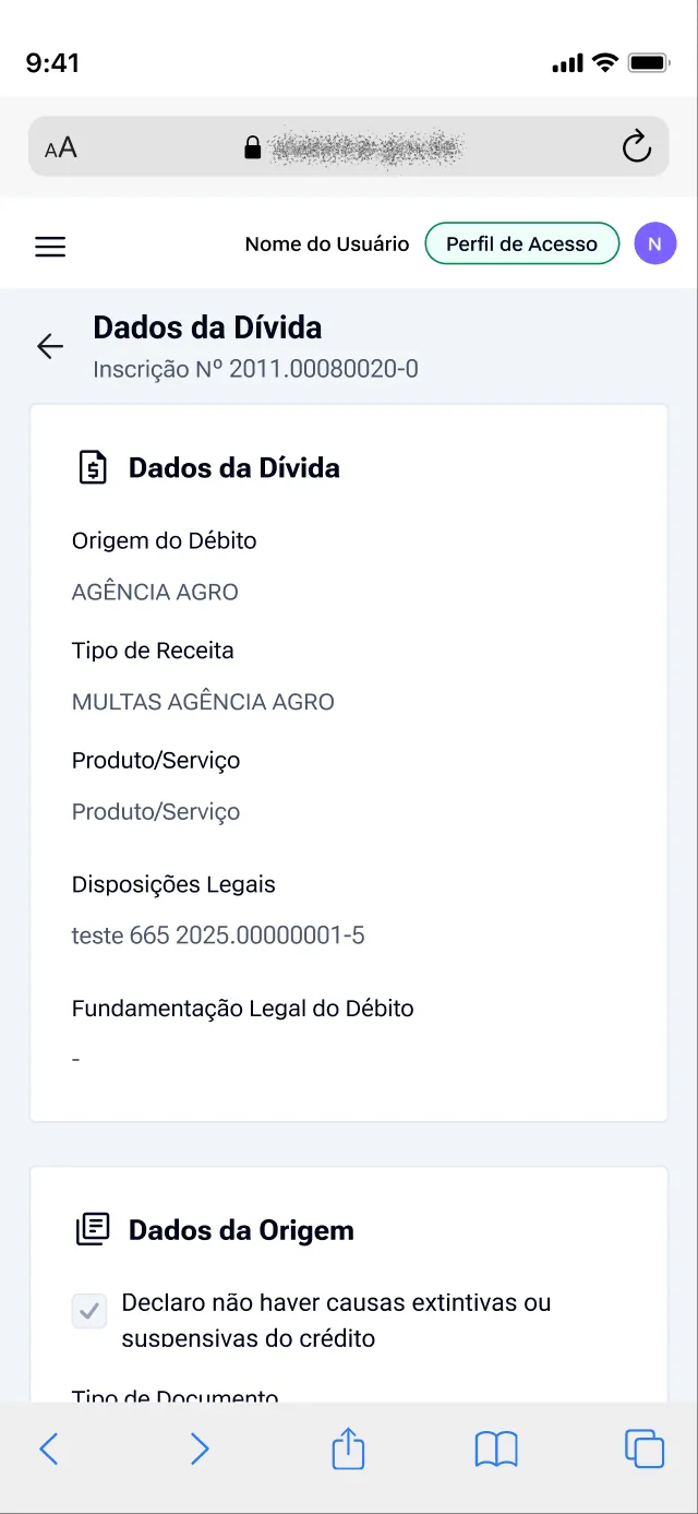 Dados da dívida no celular.