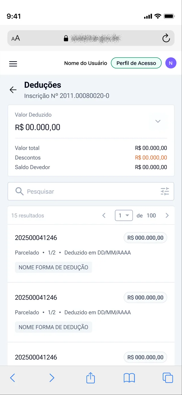 Deduções no celular, com o resumo de valores no topo.